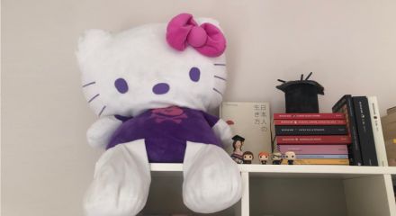 Pupazzo di Hello Kitty in una libreria